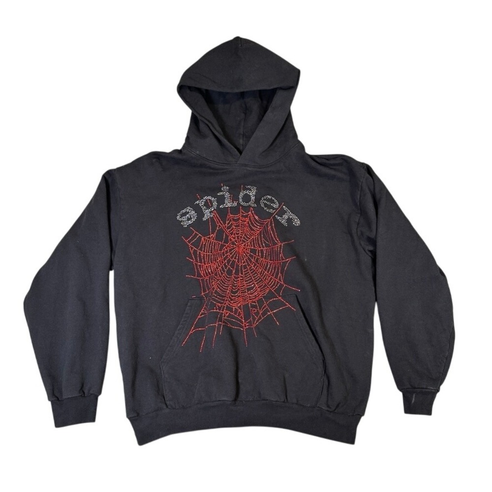 Sp5der Worldwide Black Red Rhinestone Spiderweb Hoodie XXL Streetwear Pullover